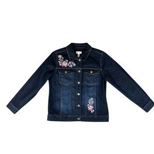 Embroidered Floral Jean Jacket Women's XS Wildflowers Dark Wash Denim
